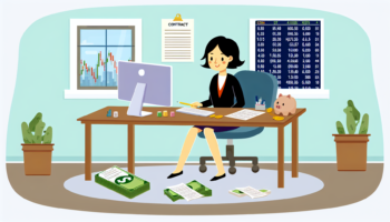 Design an image that features an online broker of Asian descent at her workstation. The scenery should be abundant with financial elements such as a computer displaying stock market charts, scattered contracts on the polished table, along with some tangible currencies. The style should be reminiscent of early 20th-century picture book illustrations - simple yet cute, full of color, minimalist in design, and with precise detailing. All the elements should be present in the form of a vector illustration without any background, reminiscent of works crafted prior to 1912. No digital complex styles are to be included.