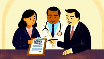 Create an image showcasing a professional, possibly a doctor, of South Asian descent and a female lawyer of Hispanic descent both carefully examining a borrower's insurance offer with a broker who is a Middle-Eastern man. Their expressions should suggest intensity and focus. Imagine this scene in the style of a children's book from the late 19th century, characterized by simplicity, charm, and richness of colors. Please render the illustration using vector methods, while still retaining a minimalist yet detailed approach, excluding any background.