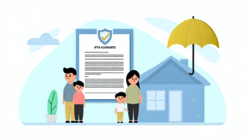 Create an illustration showing an insurance contract with a section highlighted for IPTA guarantee, partnered with a background depiction of a shielded family. Design this scene in a simplistic yet cute manner, reminiscent of a children's book illustration. Use full colors, minimalistic details, and apply a vector illustration style. Background should remain absent from the design.