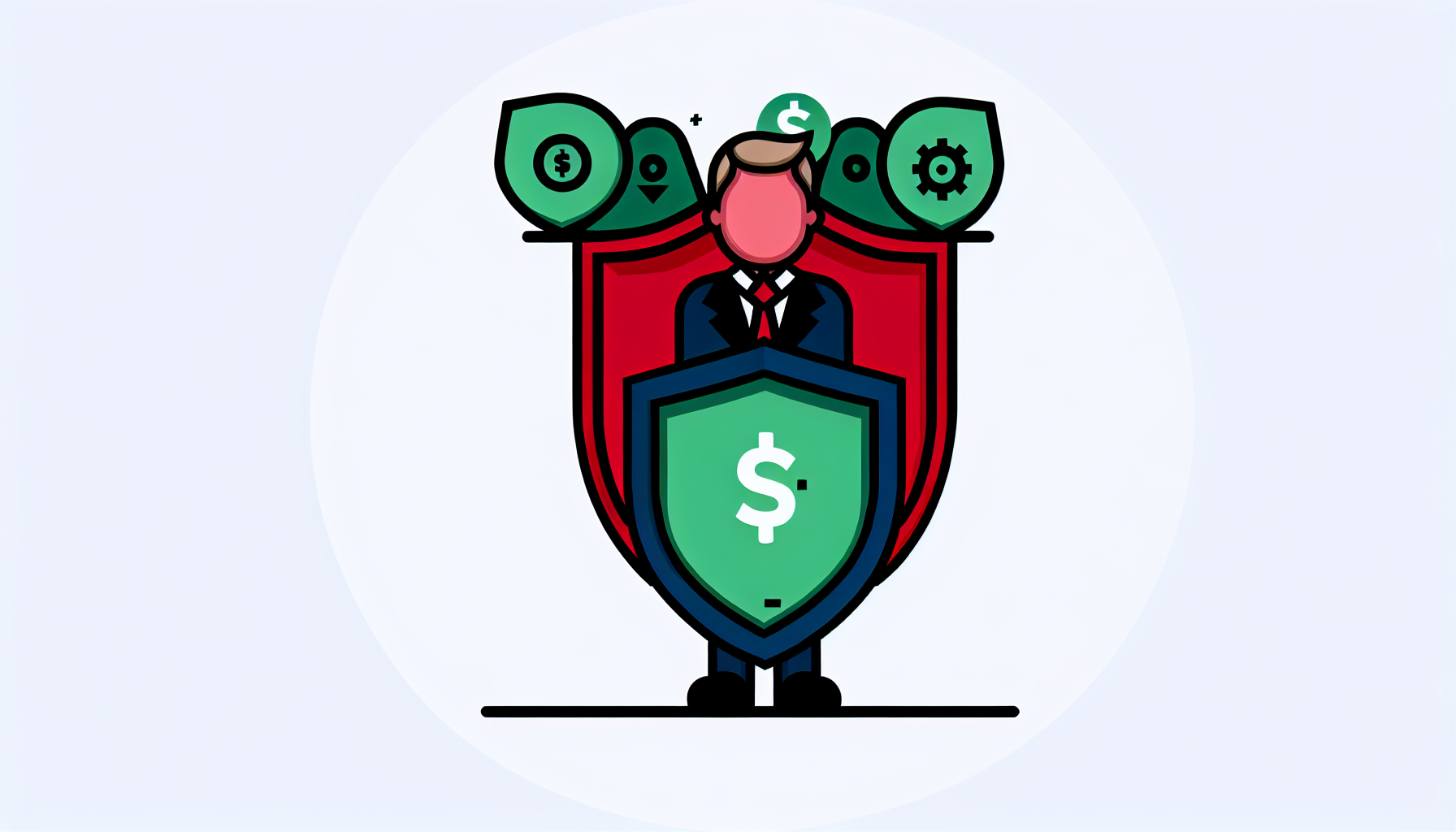 Generate an image of a business leader standing behind a shield that symbolizes financial security. Style the image in a simple and cute way, with full color and minimalism in mind. The design should be detailed but created as a vector illustration without any background. Rather than match the style of a contemporary artist, echo the aesthetics of pre-1912 picture books, with their distinctive simplicity and charm.