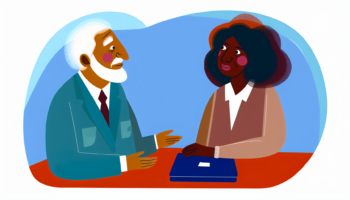 Generate an illustration using elements of simplicity and minimalism, with a full-color but detailed vector design akin to children's book illustrations from the early 1900s. Depict a senior individual of South Asian descent engaged in a professional conversation with a black female broker. There should not be any background distractions to keep focus solely on the characters and their interaction.