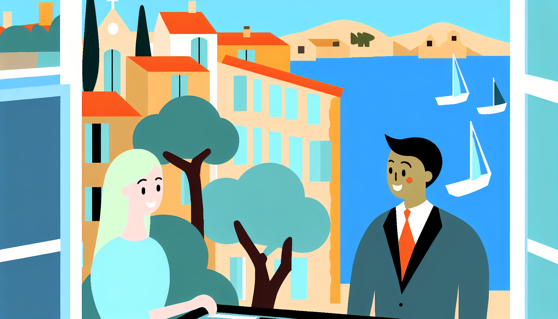 Create a full-colour, minimalist, and detailed vector illustration showing an Asian male broker assisting a Caucasian female client in Marseille. In the background, depict elements typical of a Mediterranean setting such as a cerulean blue sea, terracotta rooftops, and olive trees. However, the image should be simple and cute in style – reminiscent of children's book illustrations from the 19th century, incorporating simple shapes and bold, solid colours. Please ensure that the background details are subtly communicated, not overwhelming the main scene of the broker and the client.