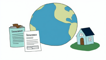 Generate an illustration showing a terrestrial globe, insurance documents, and a house, symbolizing non-resident loan insurance. The illustration is in a children's book style similar to the illustrators of the 19th century, with simplicity, adorability, and detail. It's created with full color and executed in a minimalist vector style with no background.