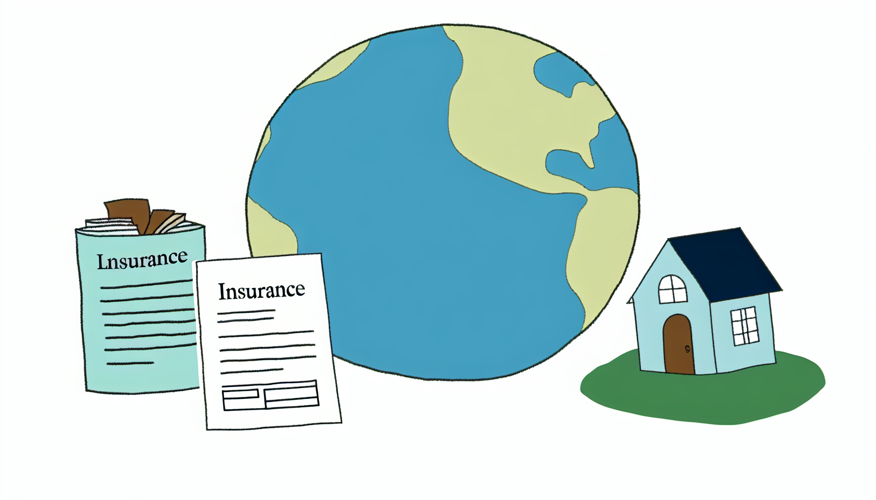 Generate an illustration showing a terrestrial globe, insurance documents, and a house, symbolizing non-resident loan insurance. The illustration is in a children's book style similar to the illustrators of the 19th century, with simplicity, adorability, and detail. It's created with full color and executed in a minimalist vector style with no background.