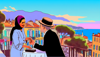 Render a visual capturing an engaging dialogue between a Caucasian male broker and a Middle-Eastern female client. They are immersed in the scenic backdrop of Nice on the Cote d'Azur, France. The atmosphere is lively and vibrant. The style should be reminiscent of late 19th-century book illustrations: simple yet charming, colourful yet restrained, focusing on the key elements and leaving out excessive details. The medium should mirror old-school vector art - crisp, clean lines, and broad swatches of colours.