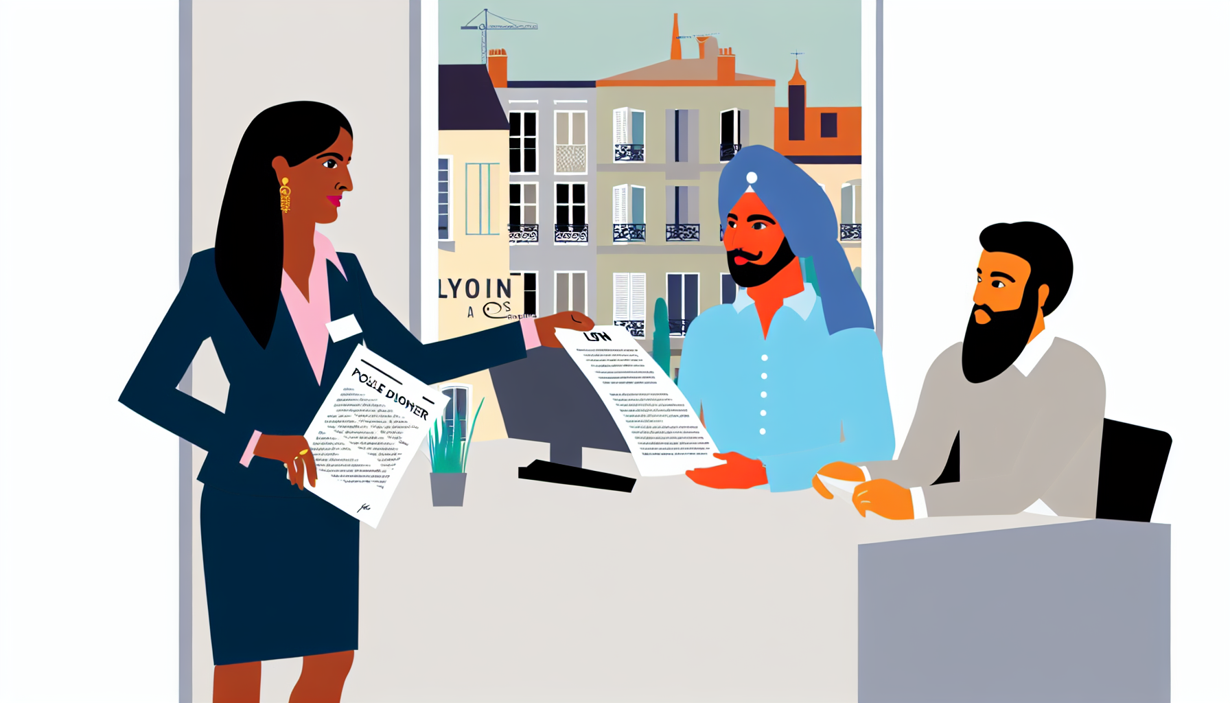 Create an illustration of a real estate broker in Lyon, France. The broker, a South Asian female, is equipped with property documents, advising a modernly dressed couple within a sleek office. The couple is made up of a Middle Eastern male and a Hispanic female. In this image, represent the elements in a minimalistic but detailed style, with no background, inspired by children's book illustrations from the 19th century. Populate the scene with bold colors and clean lines drawn digitally for a vector look, while not depicting direct influence from any particular artist after 1912.