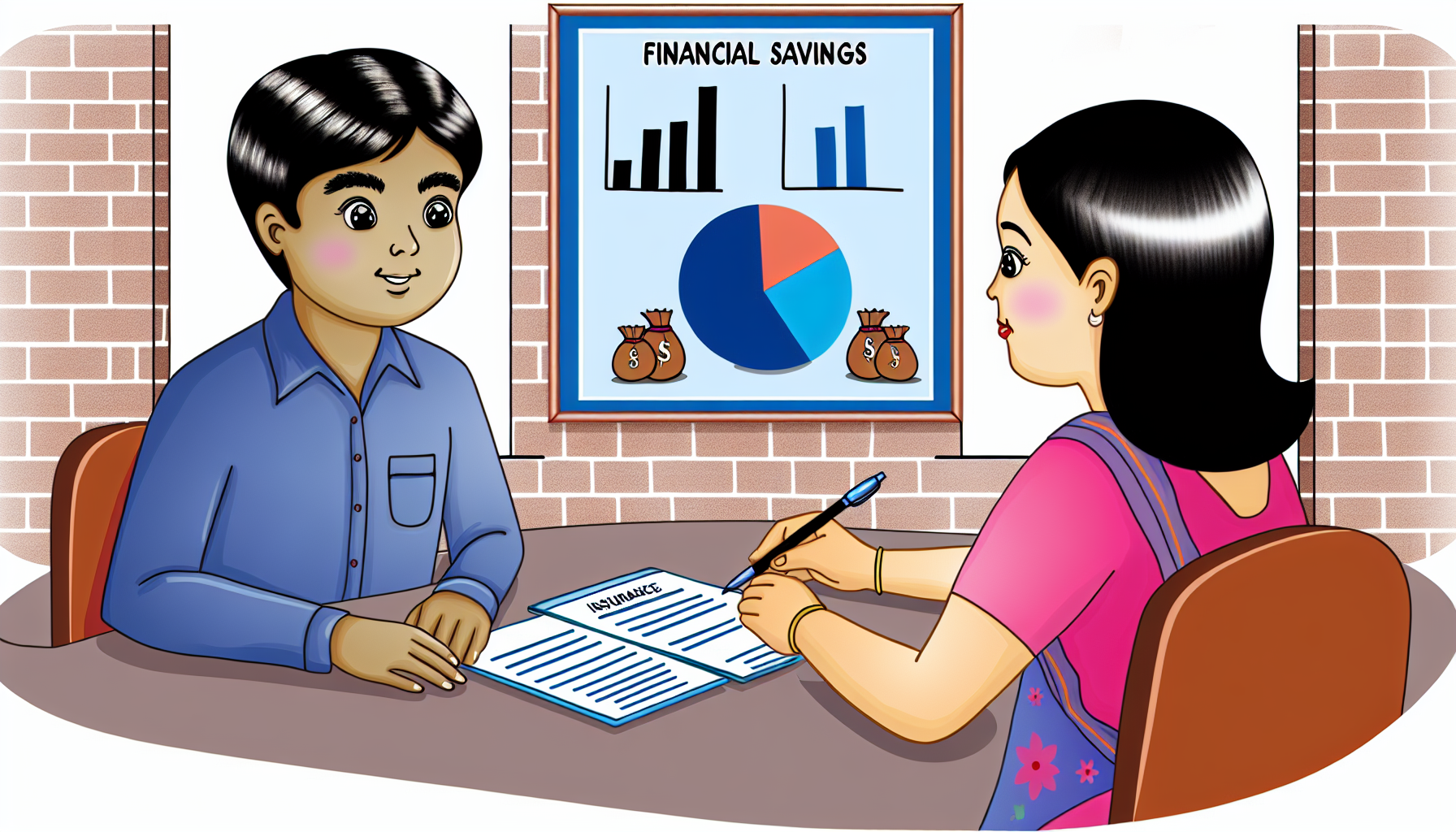 A South Asian male borrower signing an insurance contract in front of his Hispanic female broker, with charts illustrating financial savings on display. The illustration should aim for simplicity, cuteness, and minimalism. It should be a detailed, full-color, vector illustration without a background, evoking the charm of pre-1912 children's book illustration styles.