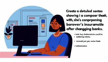 Create a detailed scene showing a South Asian woman at her computer, she's comparing borrower's insurance after changing banks. The illustration should reflect key characteristics of pre-1912 storybook art; with simplicity, endearing nature, vibrant colours, minimalistic yet with intricate aspects and presented as a vector illustration with no background.