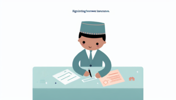 Illustrate an official, who appears to be of Middle-Eastern descent, signing borrower insurance with financial documents scattered across his desk. He is depicted in a charming and simple style inspired by early 20th-century children's book illustrations, maintaining a minimalist yet detailed approach. The image is a full-colour, vector illustration that focuses solely on the figure and their actions, devoid of any background distractions.