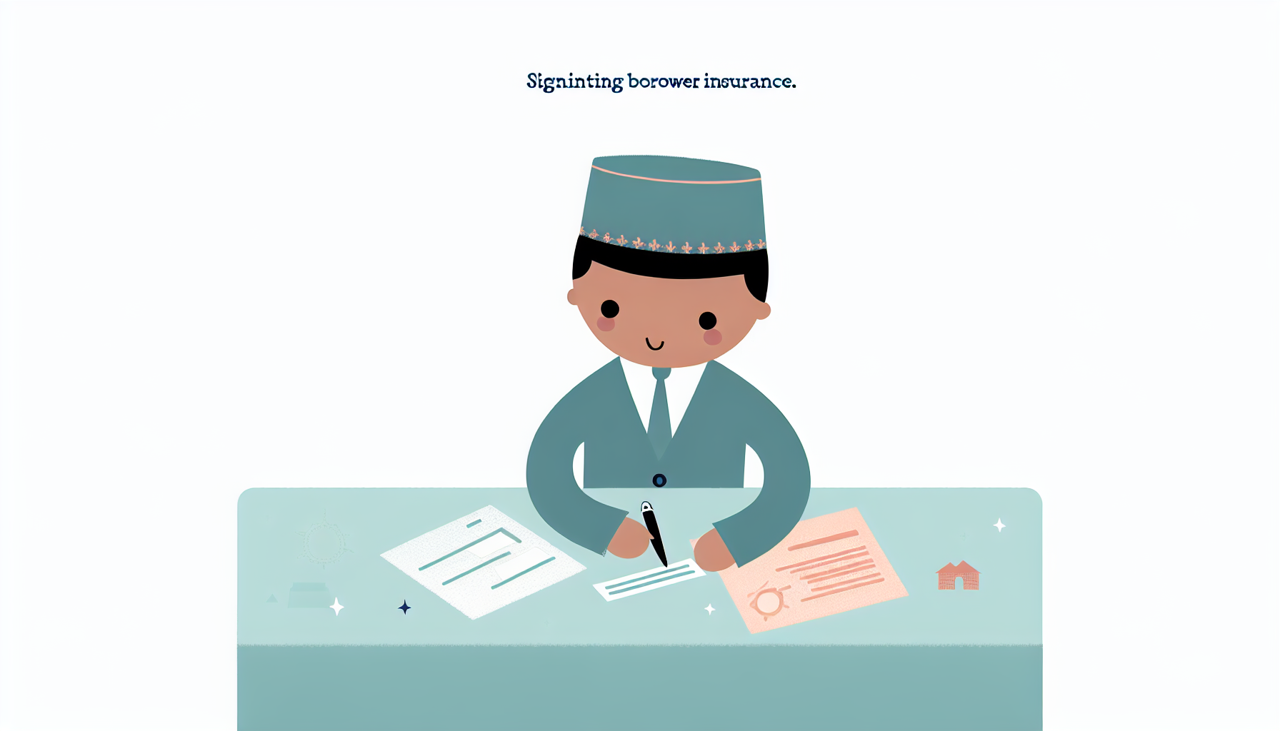 Illustrate an official, who appears to be of Middle-Eastern descent, signing borrower insurance with financial documents scattered across his desk. He is depicted in a charming and simple style inspired by early 20th-century children's book illustrations, maintaining a minimalist yet detailed approach. The image is a full-colour, vector illustration that focuses solely on the figure and their actions, devoid of any background distractions.