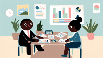 Illustrate an image in a naive, simple, and colorful style that aligns with the artistic techniques of the 18th century with a focus on the use of vector illustrations. The scene unfolds in a professional setting where a black male professional is having a meeting with a white female insurance broker. On their table, various financial charts and documents are spread out presenting essential data. The figures are drawn in a cute and minimalistic manner and the overall image carries a lot of detail despite having no background.