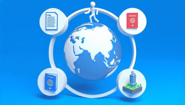 Render an illustrative scene that captures the essence of a terrestrial globe surrounded by pictograms. These pictograms should portray a contract, a passport, an architectural building, and an athlete. Emphasize a minimalist and cute style similar to what one might find in a children's book. Make sure to have a level of intricacy as well, but keep the image full of vibrant colors. The composition should exist against a corporate blue background. Note that the image should be detailed, favoring a vector approach, and consists of no background elements apart from the corporate blue tone.