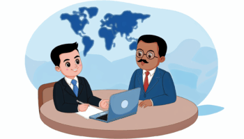 A professional athlete of Hispanic descent abroad, in the process of signing a real estate contract with a South Asian broker. There is an open laptop in the scene, with a map of the world in the background. The atmosphere is professional and reassuring. Render it in a style that is simple yet detailed, cute and full-color like the illustrations seen in children's books before 1912, preferably in vector format with no background.