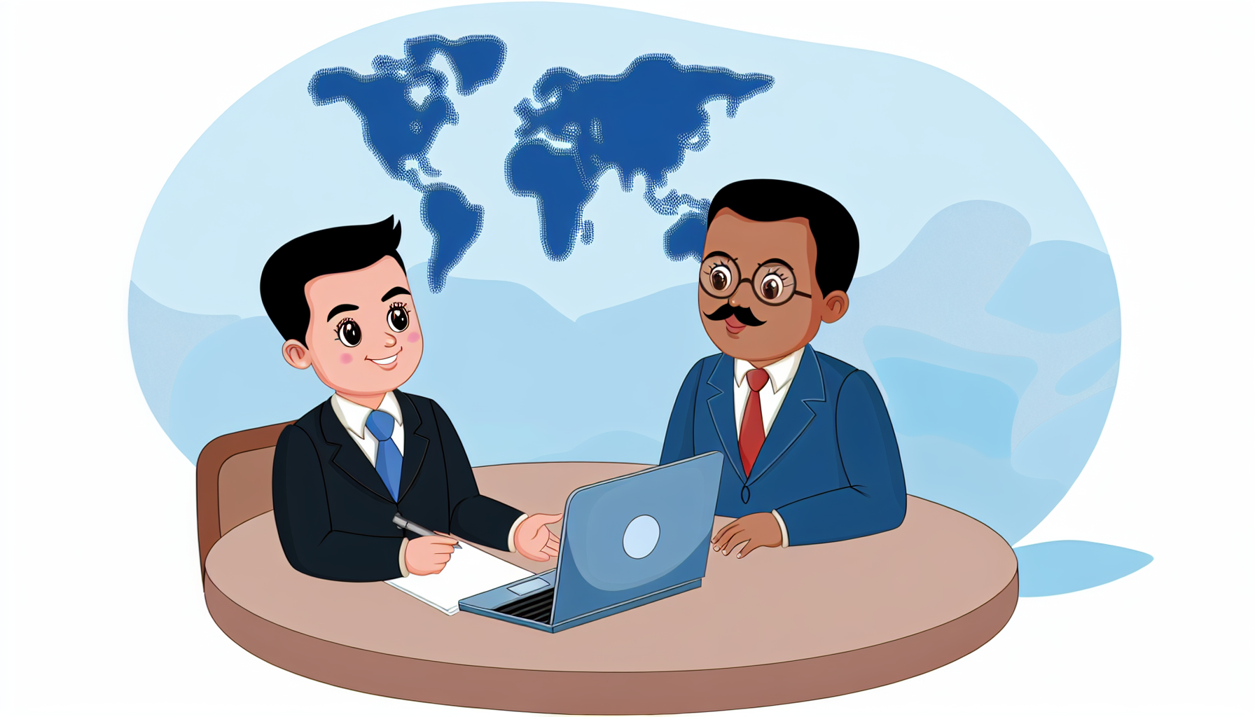 A professional athlete of Hispanic descent abroad, in the process of signing a real estate contract with a South Asian broker. There is an open laptop in the scene, with a map of the world in the background. The atmosphere is professional and reassuring. Render it in a style that is simple yet detailed, cute and full-color like the illustrations seen in children's books before 1912, preferably in vector format with no background.