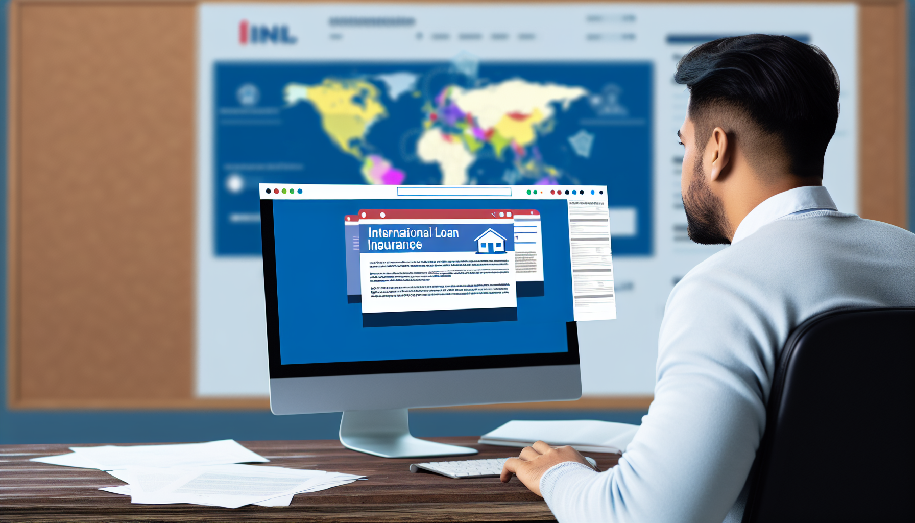 Create an image set in the digital workspace of a Hispanic auto-entrepreneur who is working remotely. The entrepreneur is closely observing their computer screen which displays the phrase 'International Loan Insurance'. In the background, layout a world map with real estate documents scattered around. Imagine the scenario in a minimalist vector style that is simple, full of colours, cute, detailed, and reminiscent of late 19th-century children's book illustrations. No background should be visible.
