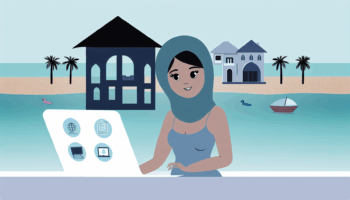 Create an illustration of a Middle-Eastern female digital nomad entrepreneur working on a computer by the seaside. Include in the background, the silhouette of a house along with icons related to insurance and travel. The style should capture the essence of a pre-1912 children's book illustration, using characteristics like simplicity, cuteness, full colour, minimalism, and detailed vectors. The scene should not include a background.