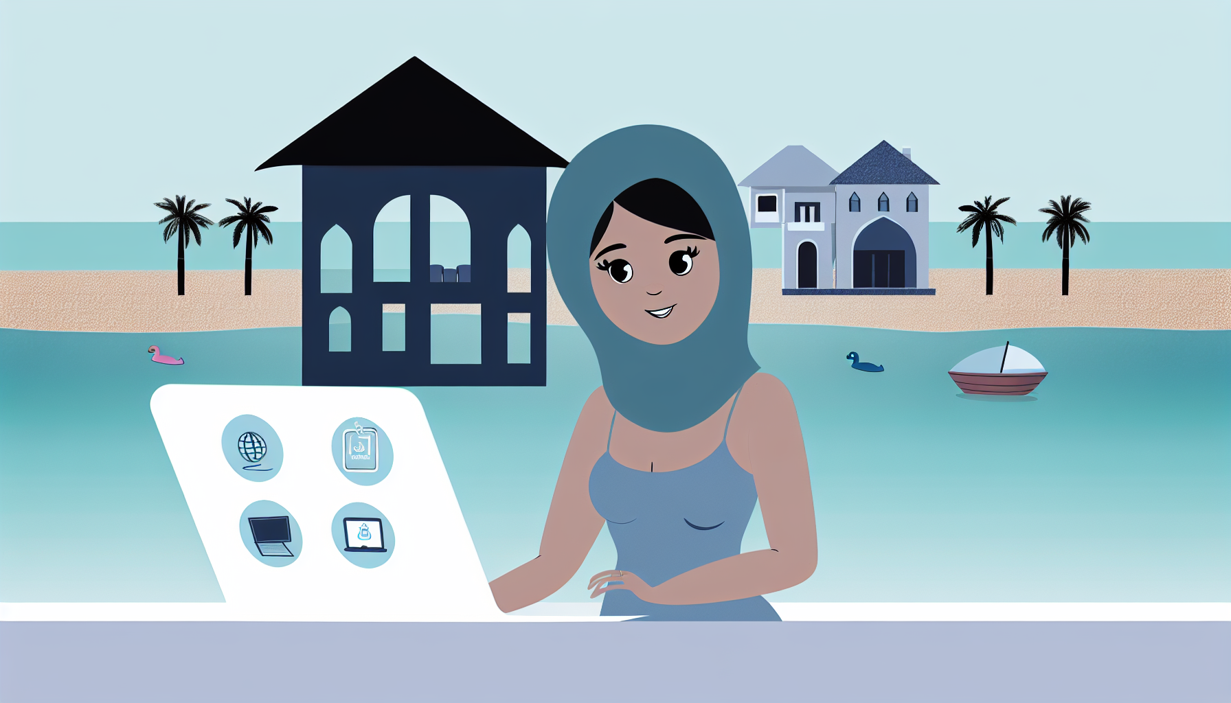 Create an illustration of a Middle-Eastern female digital nomad entrepreneur working on a computer by the seaside. Include in the background, the silhouette of a house along with icons related to insurance and travel. The style should capture the essence of a pre-1912 children's book illustration, using characteristics like simplicity, cuteness, full colour, minimalism, and detailed vectors. The scene should not include a background.