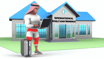 A professional athlete of Middle-Eastern descent, donned in sportswear and consulting a laptop, stands in front of a modern overseas home, symbolizing international athlete loan insurance. The scene should be depicted in a cute, simple and minimalistic fashion, reminiscent of early 19th-century children's book illustrations, with vibrant colors, detailed vector designs, and devoid of background distractions.