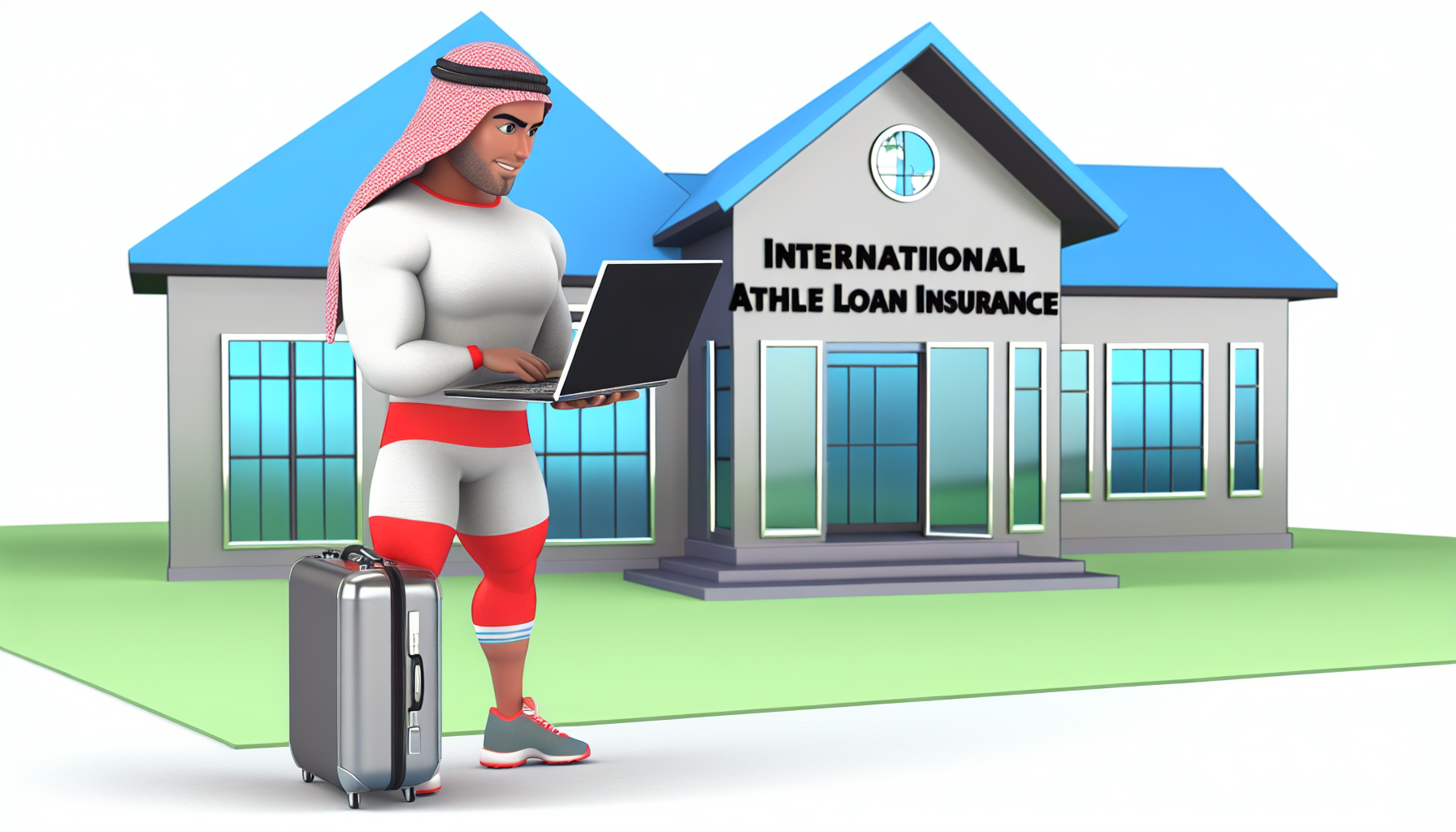 A professional athlete of Middle-Eastern descent, donned in sportswear and consulting a laptop, stands in front of a modern overseas home, symbolizing international athlete loan insurance. The scene should be depicted in a cute, simple and minimalistic fashion, reminiscent of early 19th-century children's book illustrations, with vibrant colors, detailed vector designs, and devoid of background distractions.